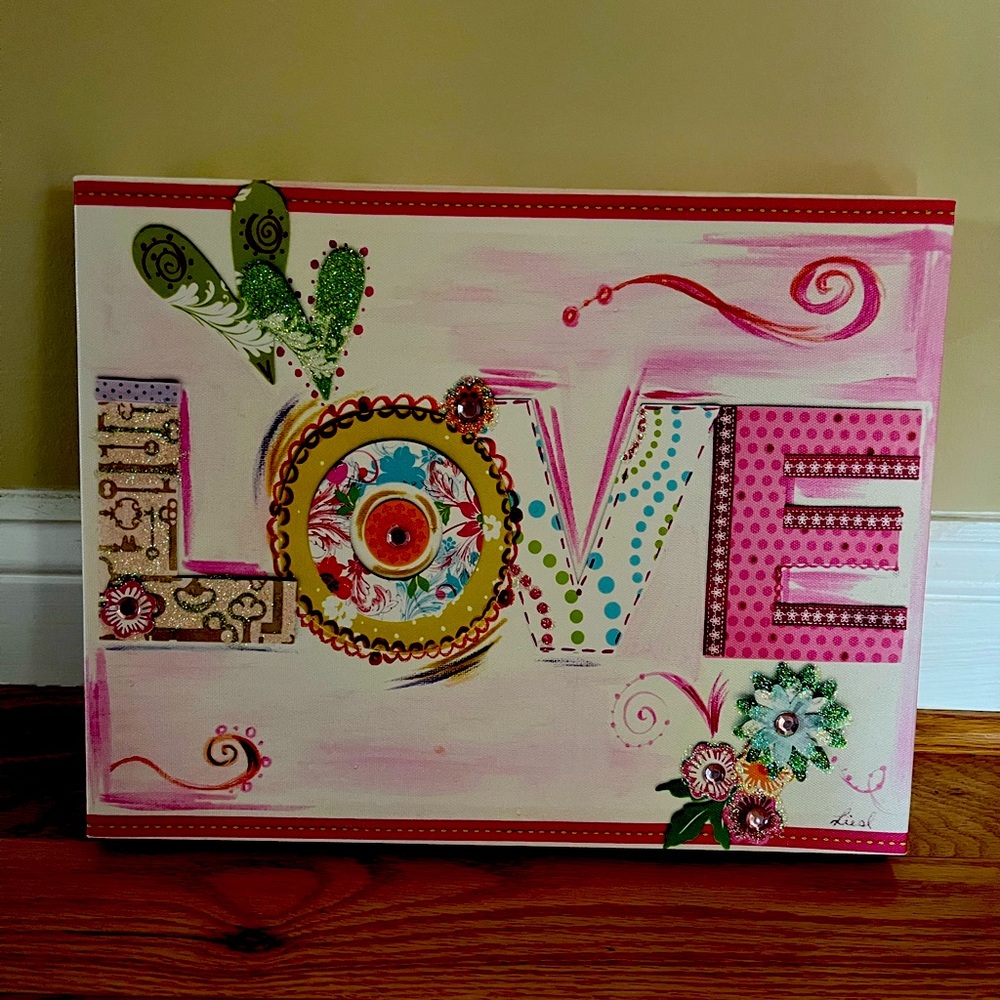Pink & Green “LOVE” canvas picture with hearts, flowers, glitter & rhinestones.